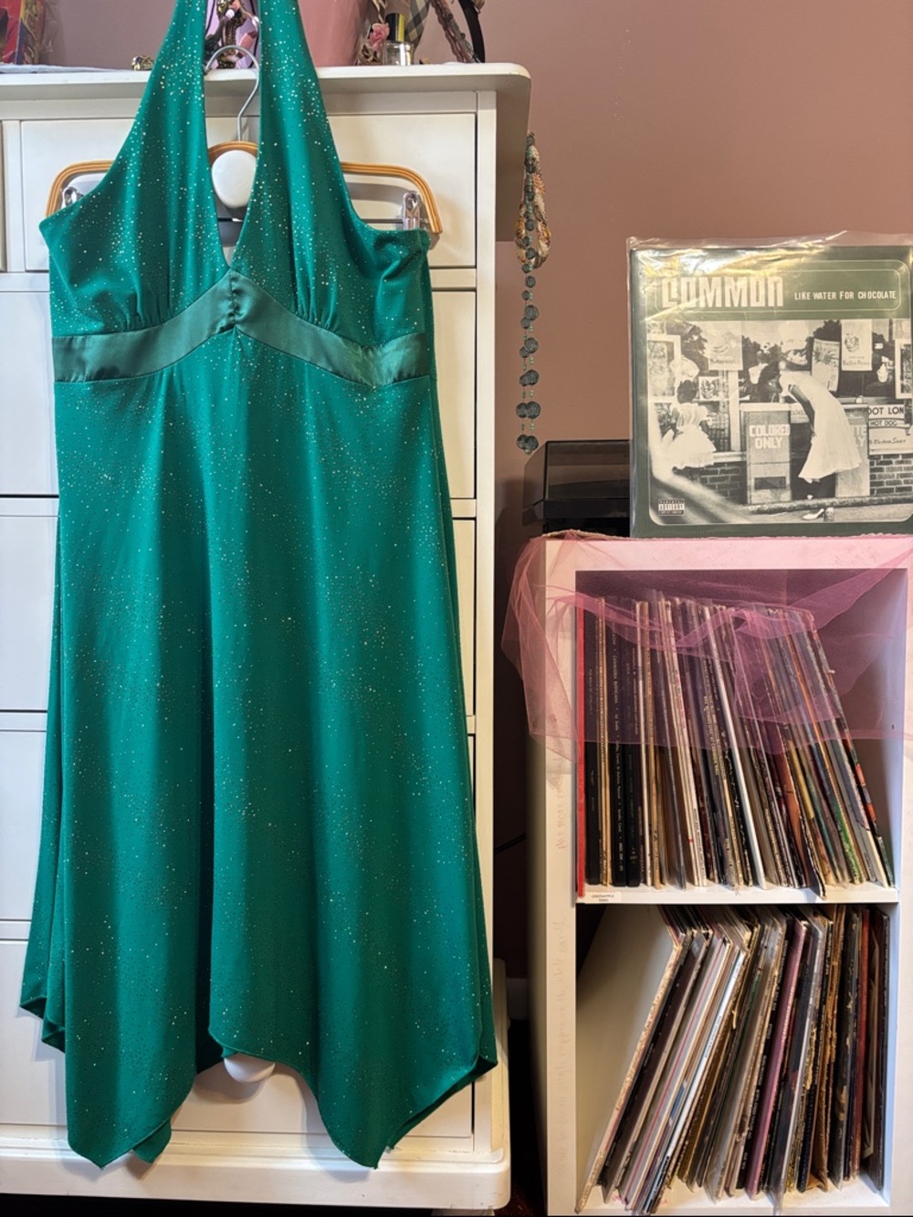 Vintage Y2K Whimsigoth Fairy Dress Sparkle Sexy Asymmetrical Midi Green Bias L